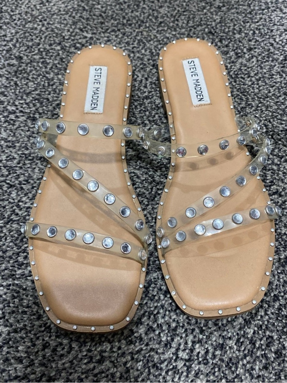 Steve Madden Clear Crystal Studded Slide Sandals - Nude/Tan